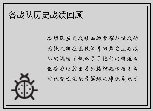 各战队历史战绩回顾