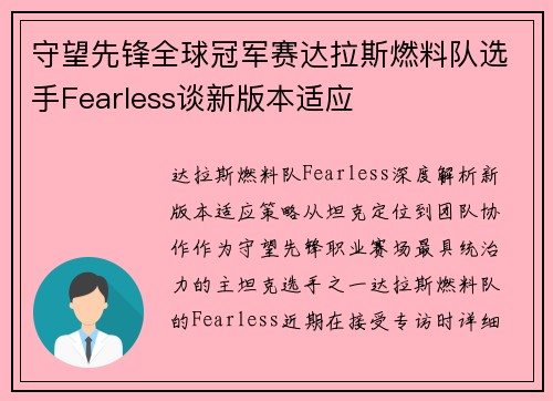 守望先锋全球冠军赛达拉斯燃料队选手Fearless谈新版本适应